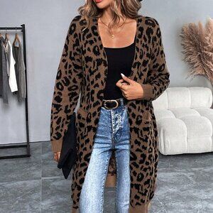 Brown Casual Women's Long Sleeve Leopard Print Long Cardigan Sweater
